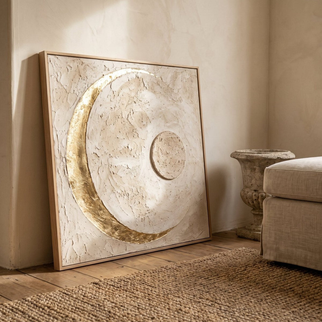 Moon Wall Art – Oversized Gilded Crescent Plaster Textured Look Canvas for Bedroom - Sense for Decor