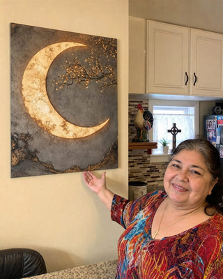 Customer at her dining table with the Luxury Crescent Moon canvas on the wall