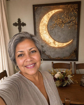 Customer showing the Luxury Crescent Moon canvas hung in her kitchen