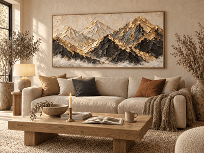 Black and gold mountain peaks canvas above a linen sofa in a living room