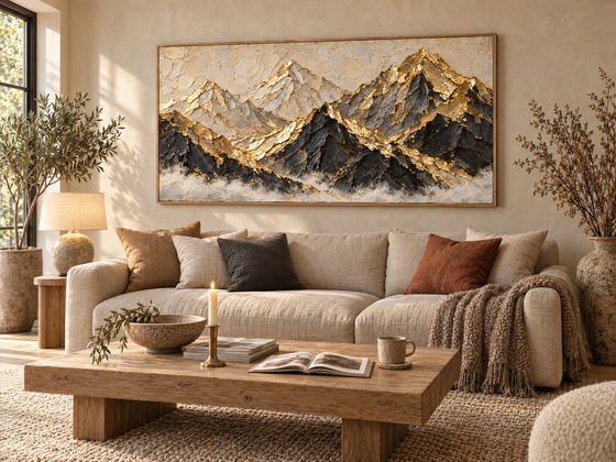 Gold Mountain Range Wall Art – Oversized Black and Gold Peaks Textured Look Canvas for Living Room