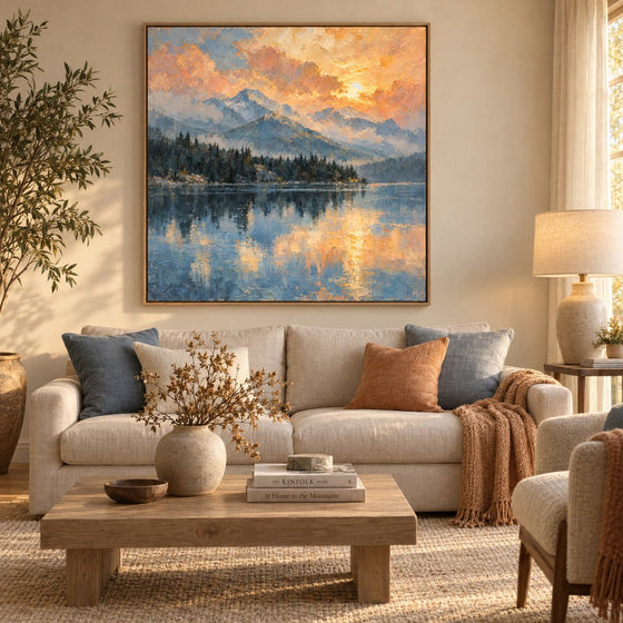 Mountain Lake Wall Art – Oversized Sunset Reflection Impressionist Canvas for Living Room