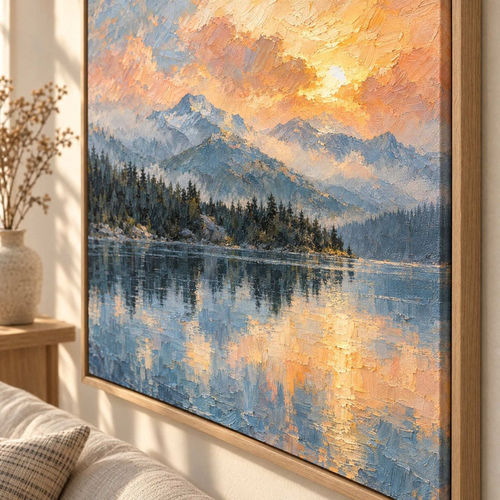 Mountain Lake Wall Art – Oversized Sunset Reflection Impressionist Canvas for Living Room - Sense for Decor