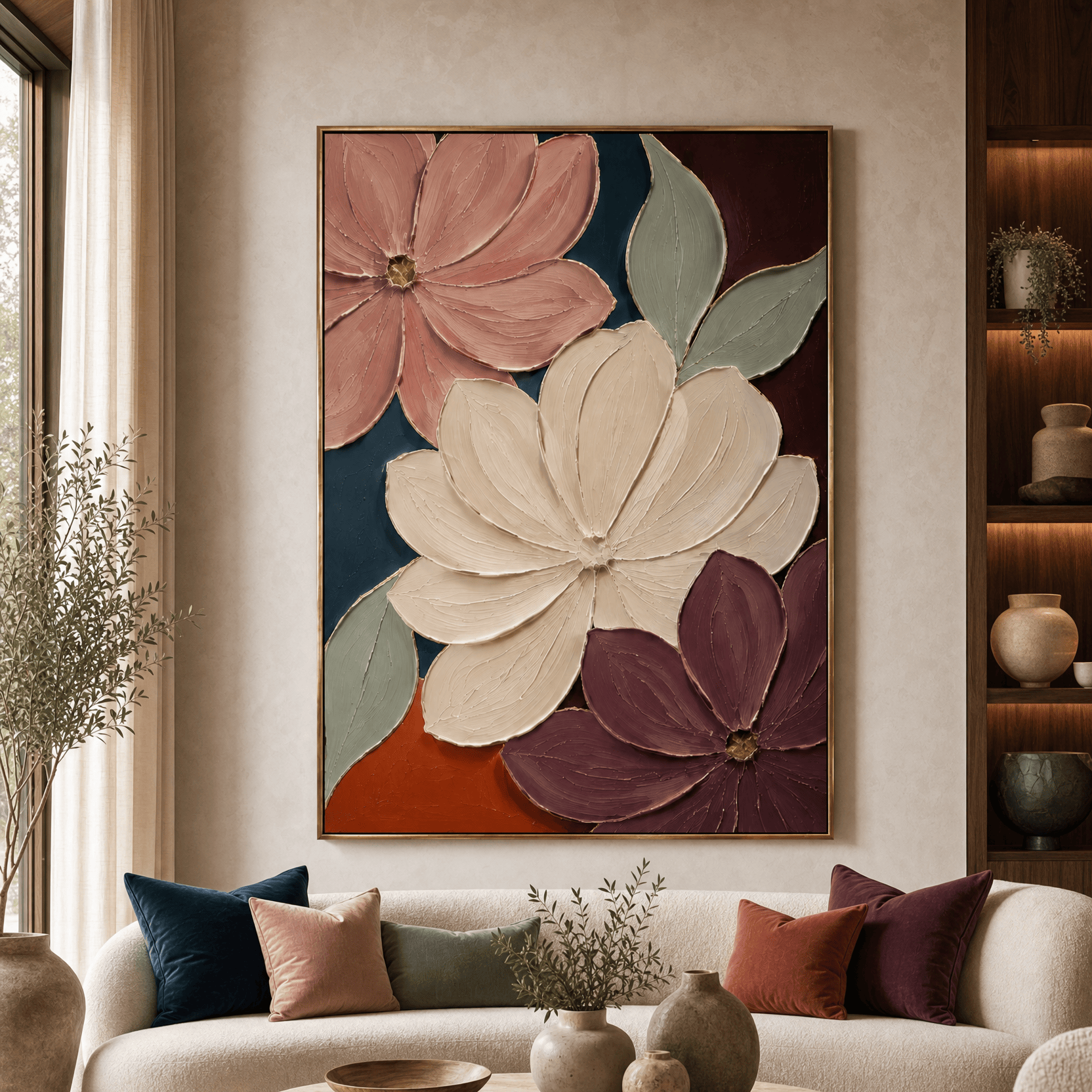 Velvet Bloom hand painted oversized floral canvas above a cream sofa in a luxury living room