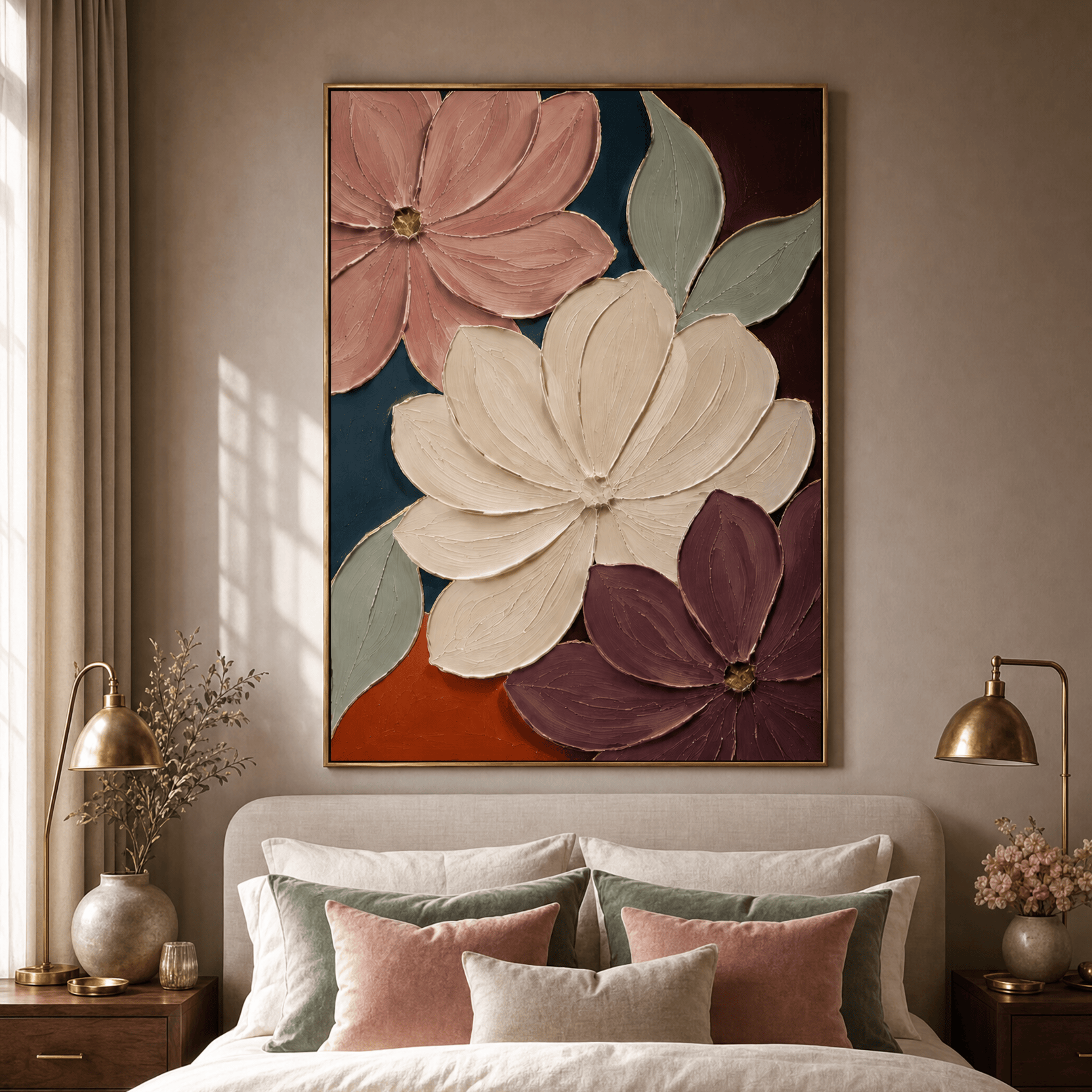 Velvet Bloom floral canvas hanging above a bed