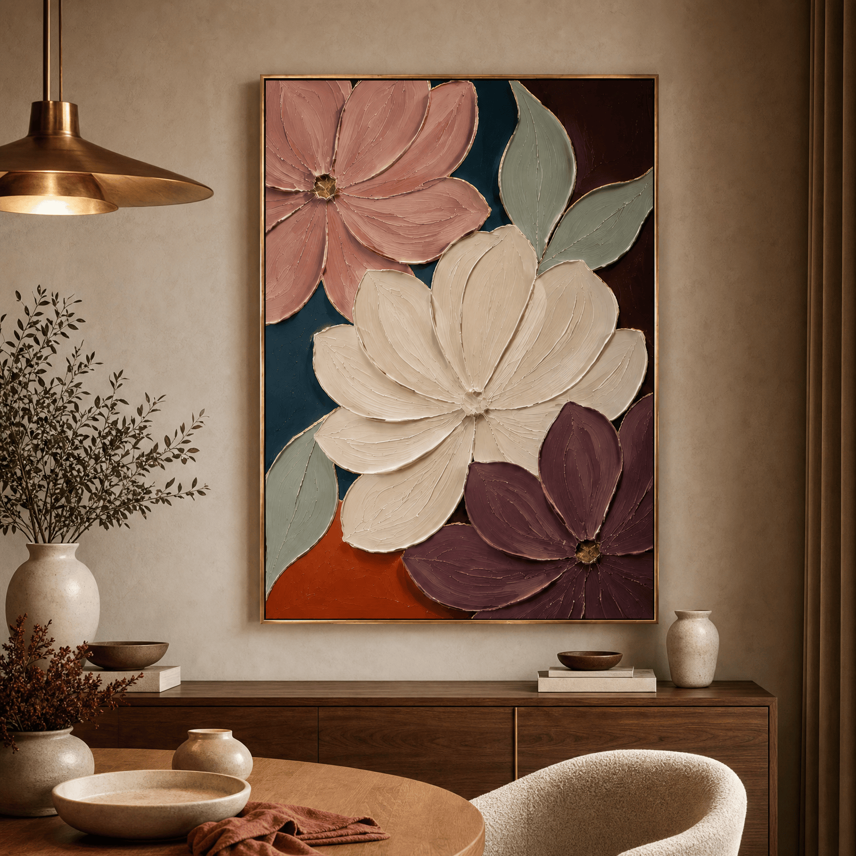 Velvet Bloom floral canvas in a dining room