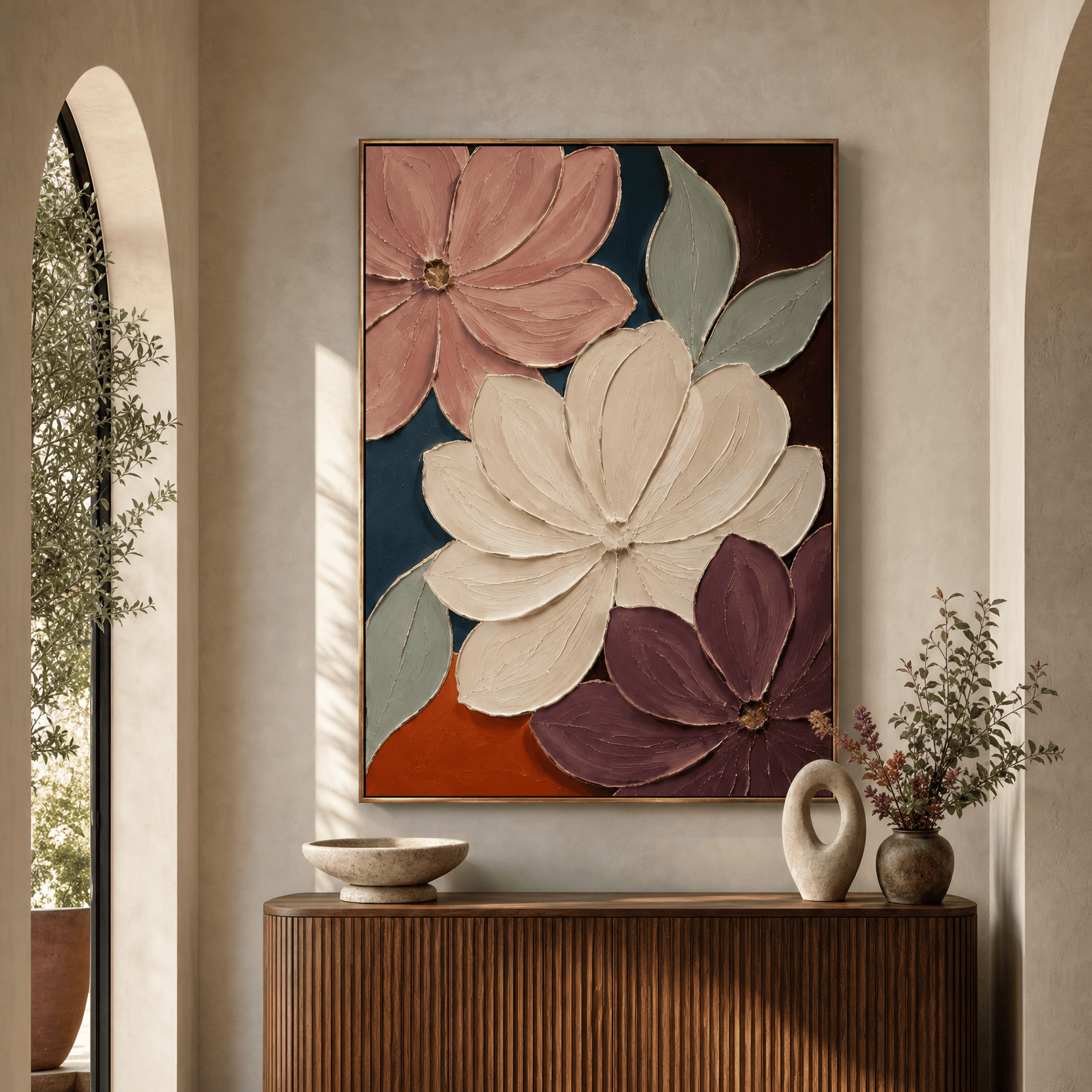 Velvet Bloom floral canvas in an entryway above a console