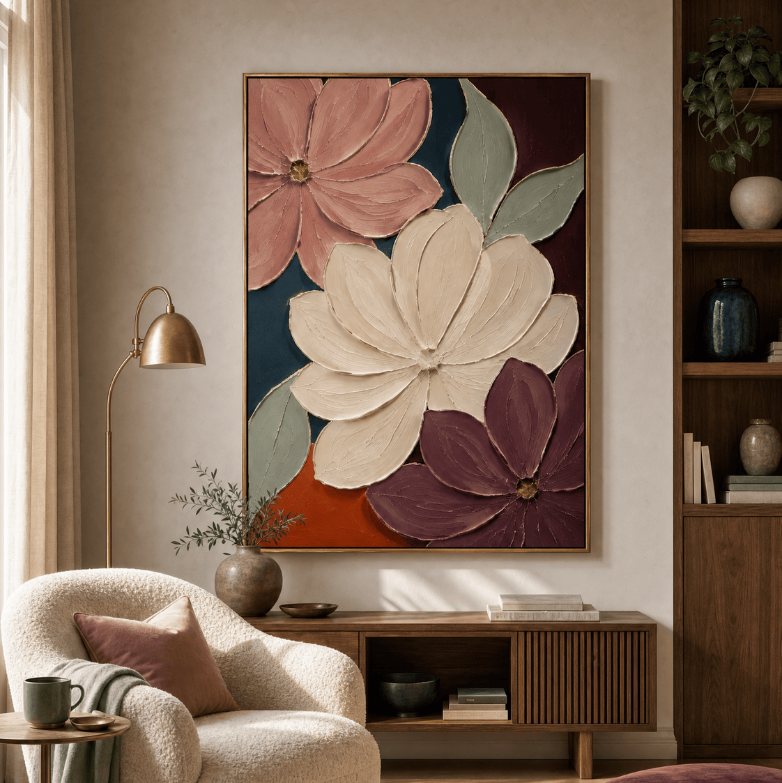 Velvet Bloom floral canvas in a reading room, palette knife texture visible
