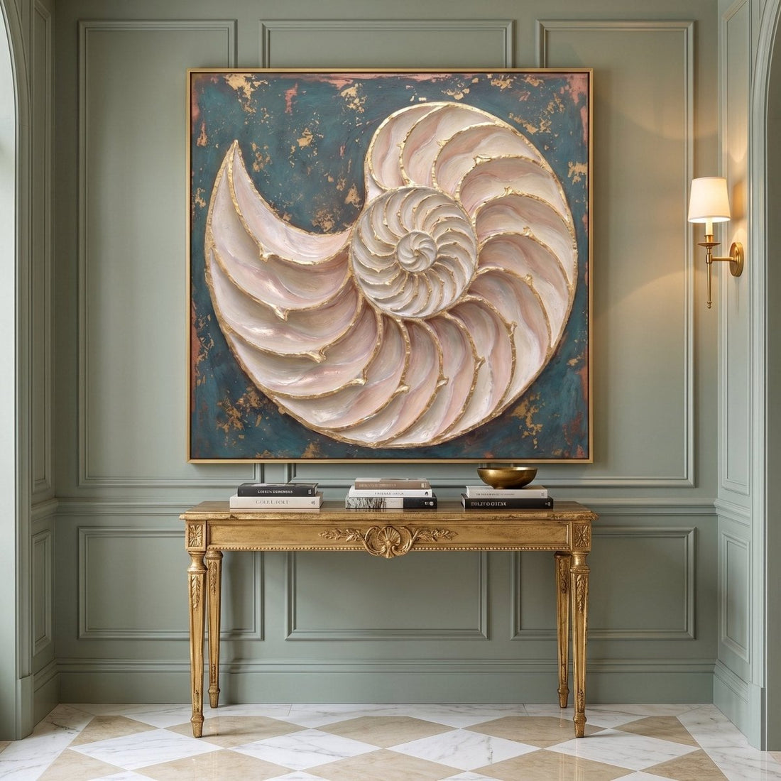 Nautilus Wall Art – Oversized Gold, Blush and Teal Shell Textured Look Canvas for Living Room - Sense for Decor