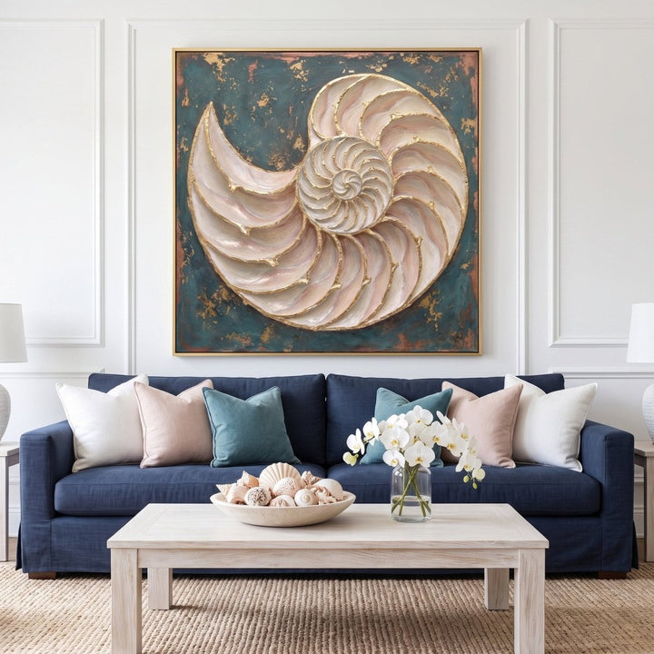 Nautilus Wall Art – Oversized Gold, Blush and Teal Shell Textured Look Canvas for Living Room - Sense for Decor