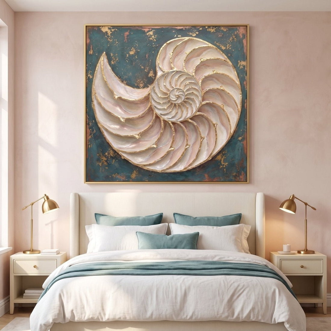 Nautilus Wall Art – Oversized Gold, Blush and Teal Shell Textured Look Canvas for Living Room - Sense for Decor
