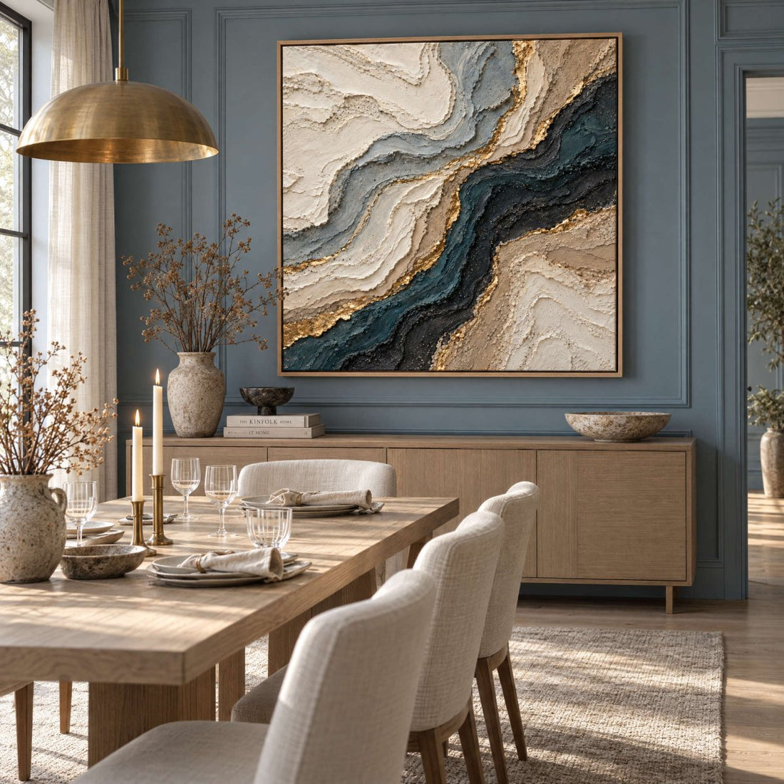 Navy and Gold Wall Art – Oversized Marbled Agate Textured Look Canvas for Living Room - Sense for Decor