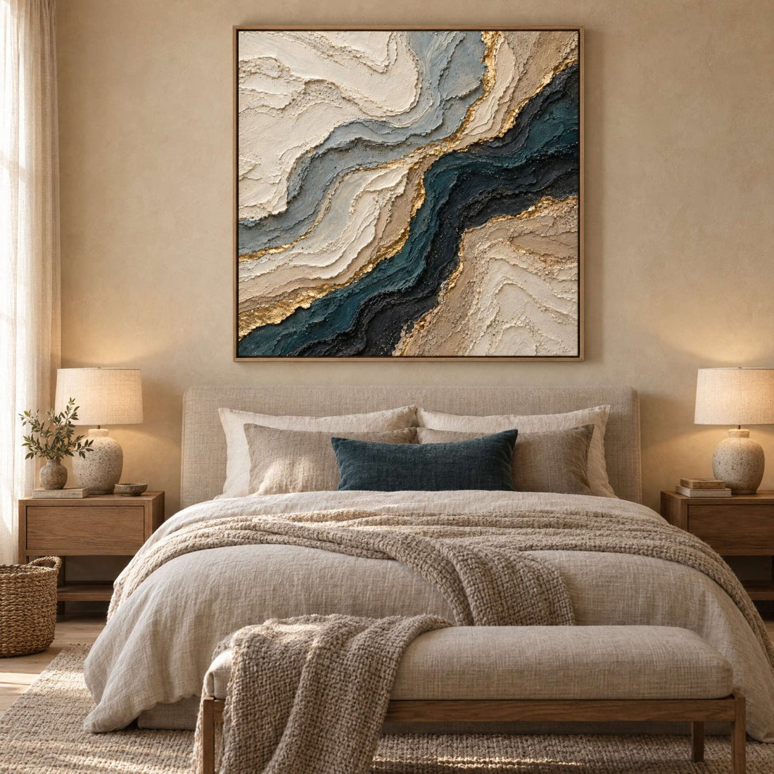 Navy and Gold Wall Art – Oversized Marbled Agate Textured Look Canvas for Living Room - Sense for Decor