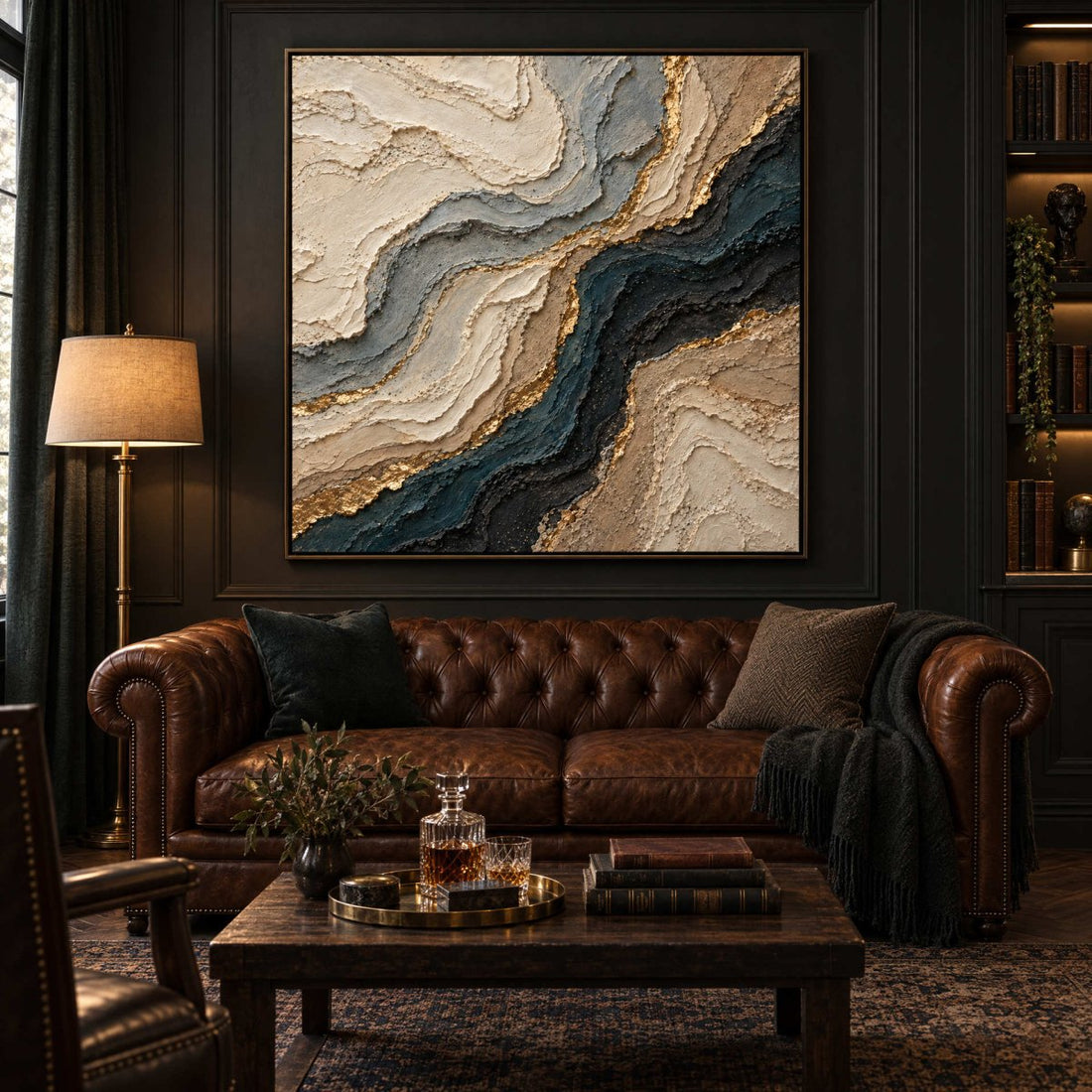 Navy and Gold Wall Art – Oversized Marbled Agate Textured Look Canvas for Living Room - Sense for Decor