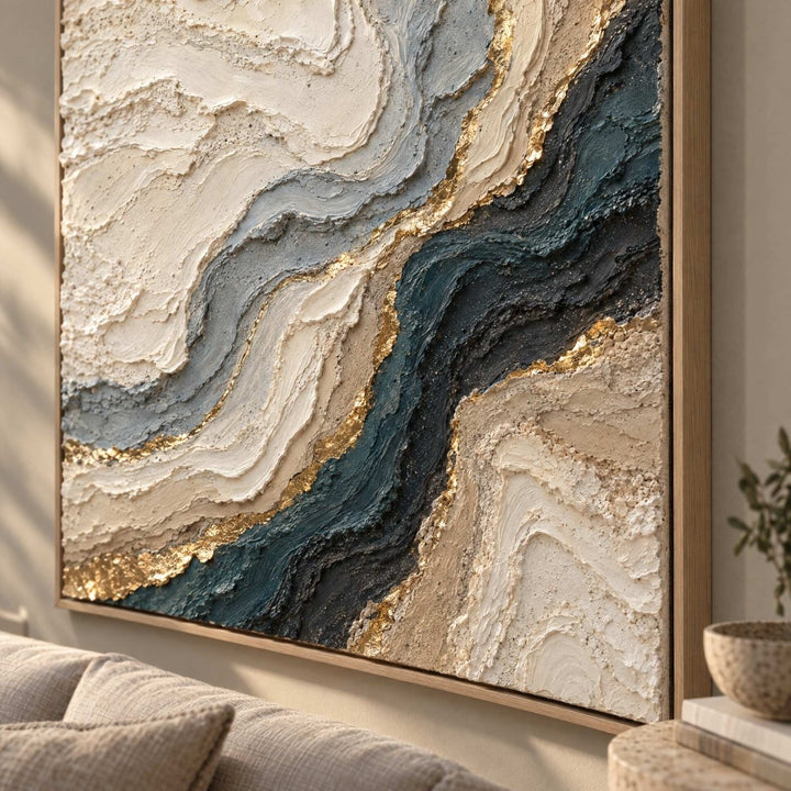 Navy and Gold Wall Art – Oversized Marbled Agate Textured Look Canvas for Living Room - Sense for Decor