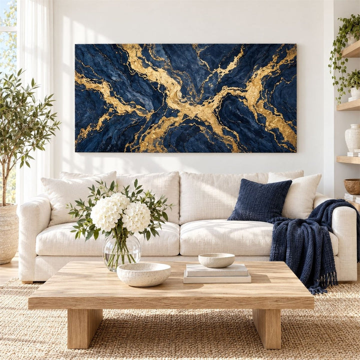 Navy and Gold Wall Art – Oversized Panoramic Marble Vein Textured Look Canvas for Living Room - Sense for Decor