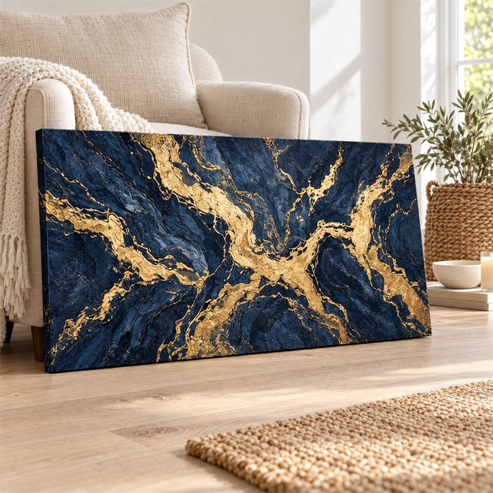 Navy and Gold Wall Art – Oversized Panoramic Marble Vein Textured Look Canvas for Living Room - Sense for Decor