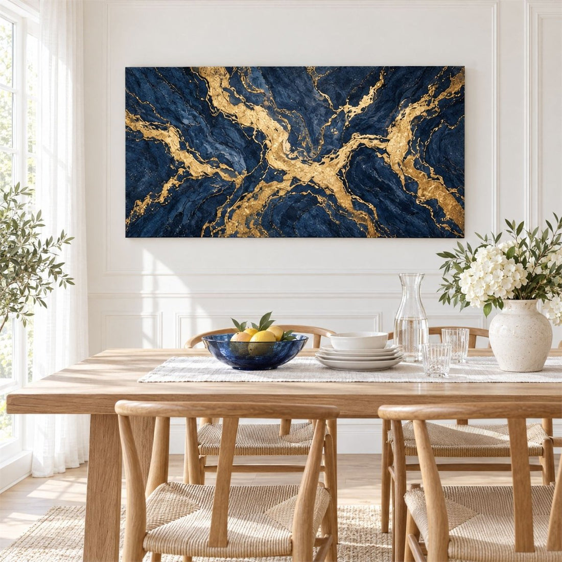 Navy and Gold Wall Art – Oversized Panoramic Marble Vein Textured Look Canvas for Living Room - Sense for Decor