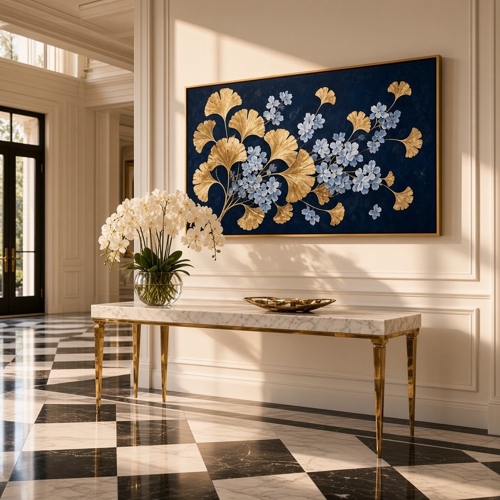 Navy ginkgo wall art in a marble entryway