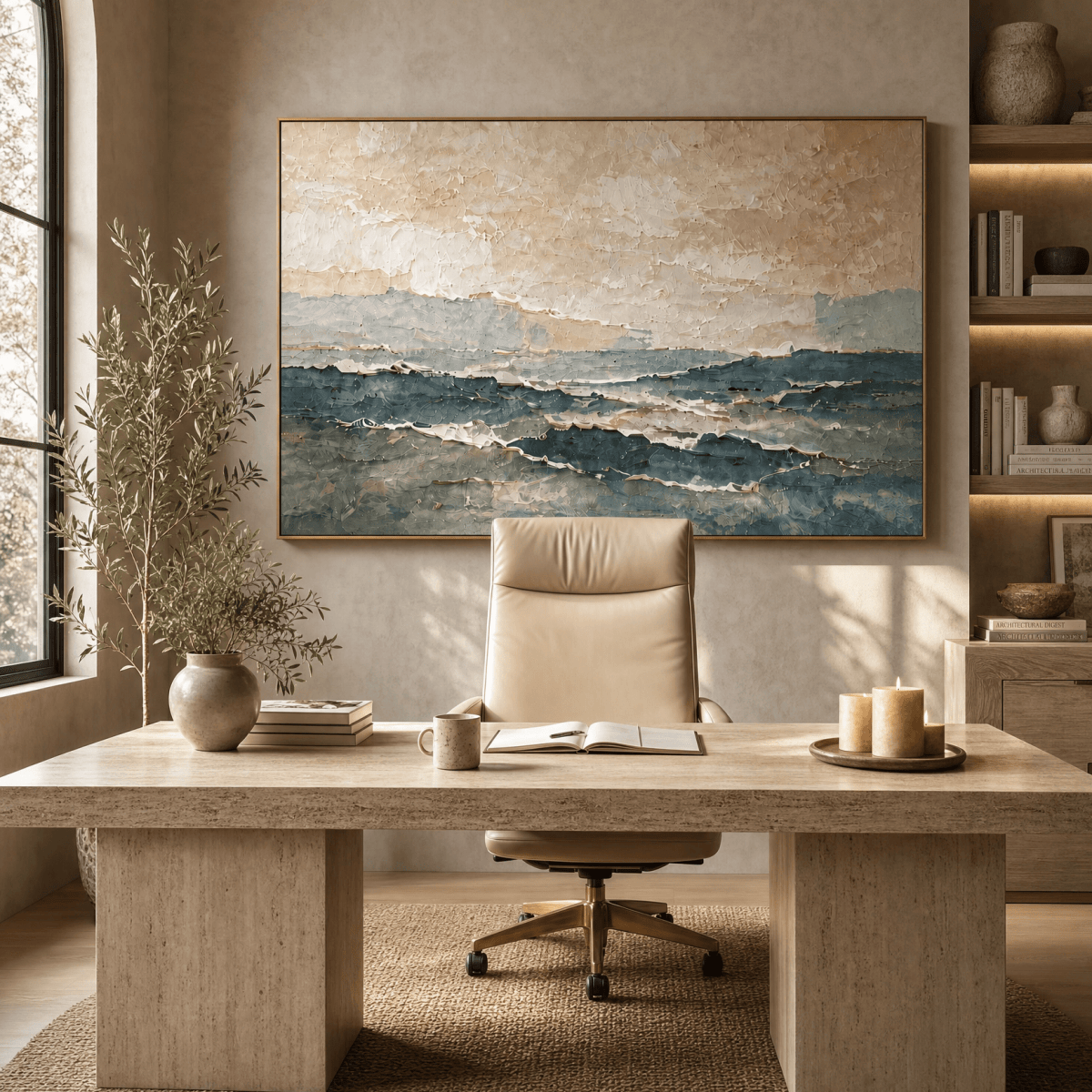 Neutral Landscape Wall Art | Hand-Embellished Canvas | Warm Earth Tone Abstract Seascape | Large Textured Painting - Sense for Decor