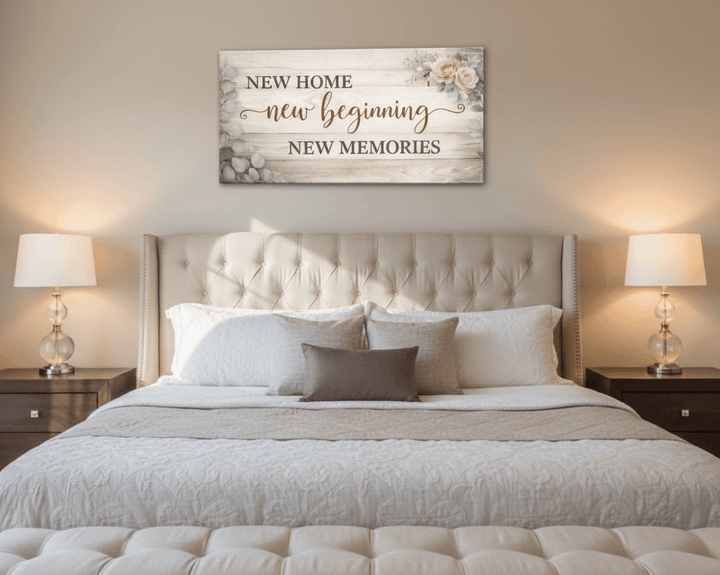 New Home New Beginning Floral Wall Art - Rustic Wood Style Canvas for Entryway & Living Room - Sense for Decor