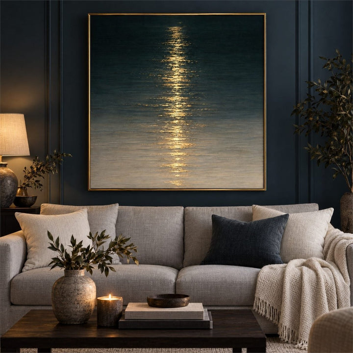 Ocean Wall Art – Oversized Navy and Gold Moonlit Water Textured Look Canvas for Living Room - Sense for Decor