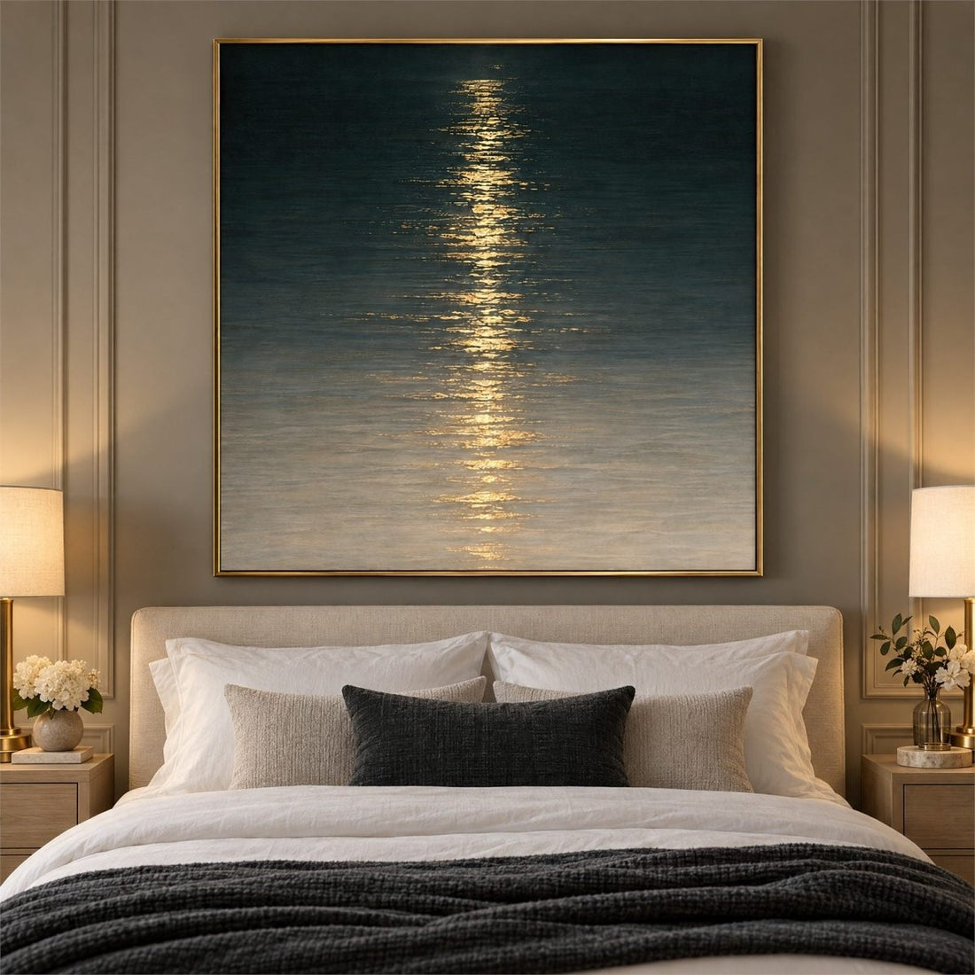 Ocean Wall Art – Oversized Navy and Gold Moonlit Water Textured Look Canvas for Living Room - Sense for Decor