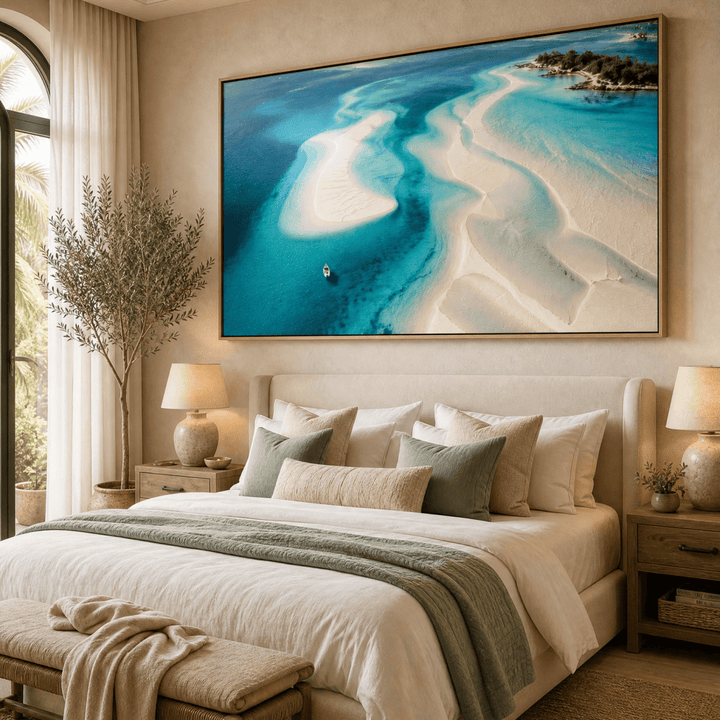 Ocean Wall Art | Turquoise Beach Canvas | Hand-Embellished Coastal Painting | Large Aerial Seascape Statement Piece - Sense for Decor