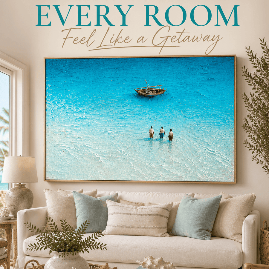 Ocean Wall Art | Turquoise Beach Canvas | Hand-Embellished Coastal Painting | Large Aerial Seascape Statement Piece - Sense for Decor