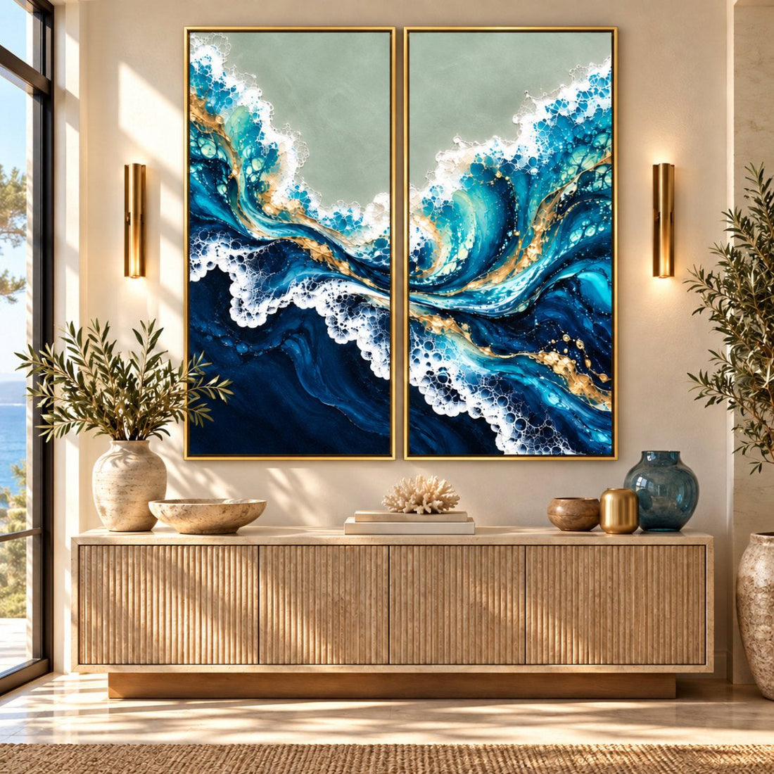Ocean Wave Wall Art – Oversized 2 Piece Navy Blue and Gold Coastal Canvas Set for Living Room - Sense for Decor
