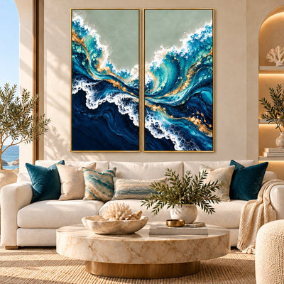 Ocean Wave Wall Art – Oversized 2 Piece Navy Blue and Gold Coastal Canvas Set for Living Room - Sense for Decor