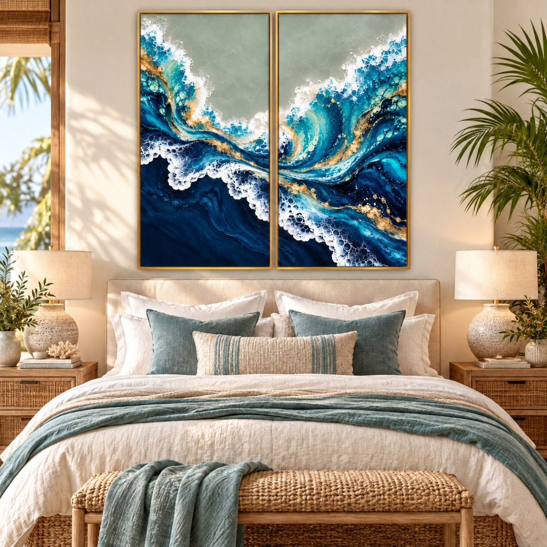 Ocean Wave Wall Art – Oversized 2 Piece Navy Blue and Gold Coastal Canvas Set for Living Room - Sense for Decor