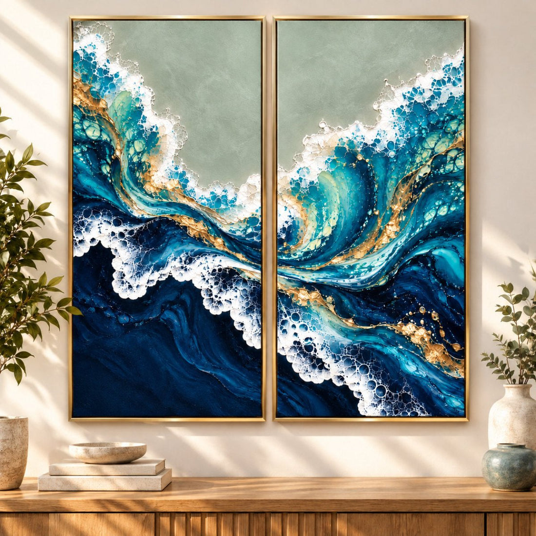 Ocean Wave Wall Art – Oversized 2 Piece Navy Blue and Gold Coastal Canvas Set for Living Room - Sense for Decor