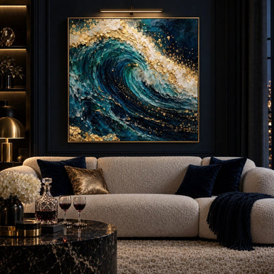 Ocean Wave Wall Art – Oversized Teal and Gold Cresting Wave Textured Look Canvas for Living Room - Sense for Decor