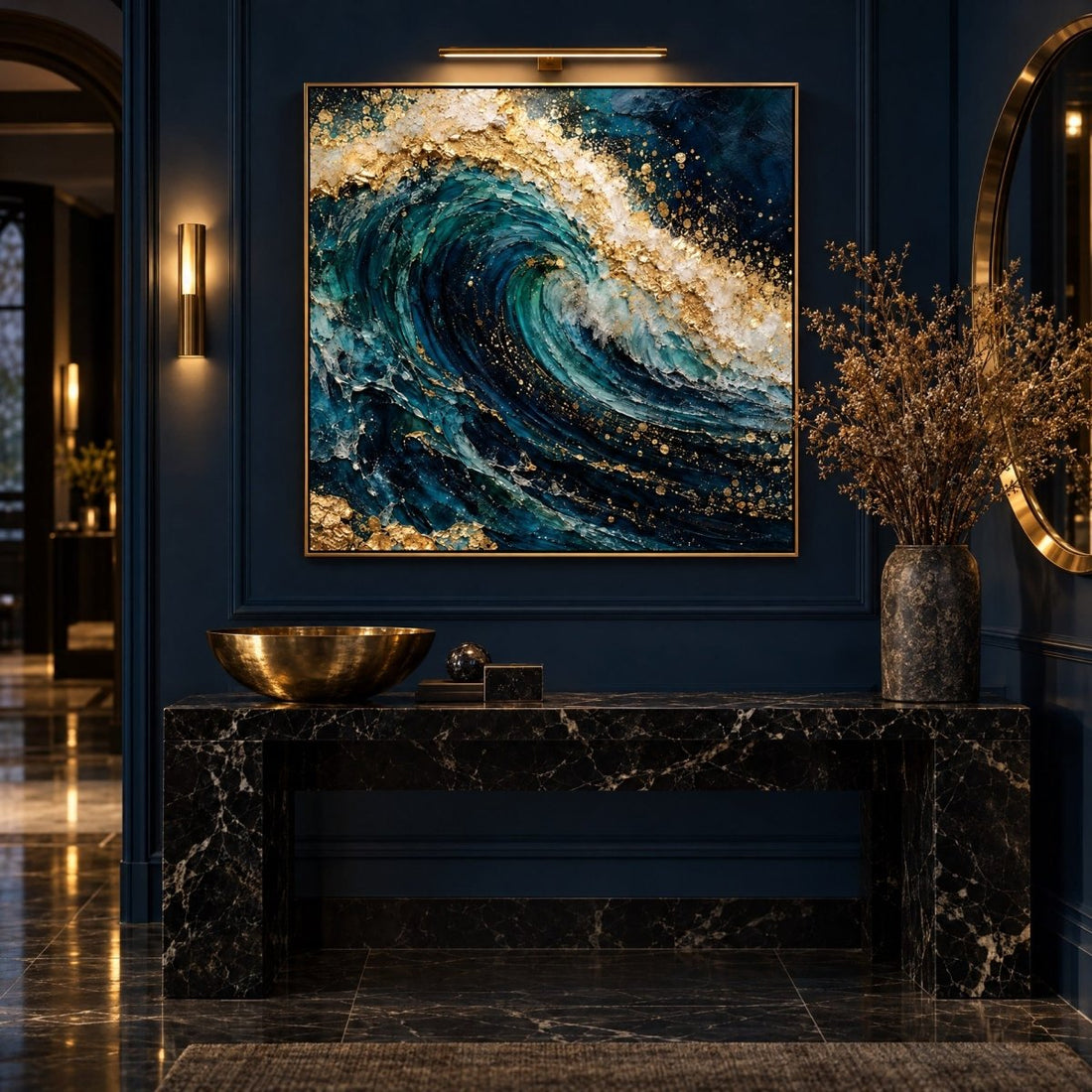 Ocean Wave Wall Art – Oversized Teal and Gold Cresting Wave Textured Look Canvas for Living Room - Sense for Decor