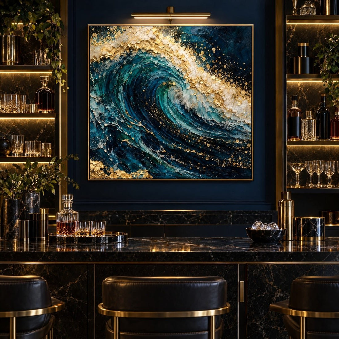 Ocean Wave Wall Art – Oversized Teal and Gold Cresting Wave Textured Look Canvas for Living Room - Sense for Decor