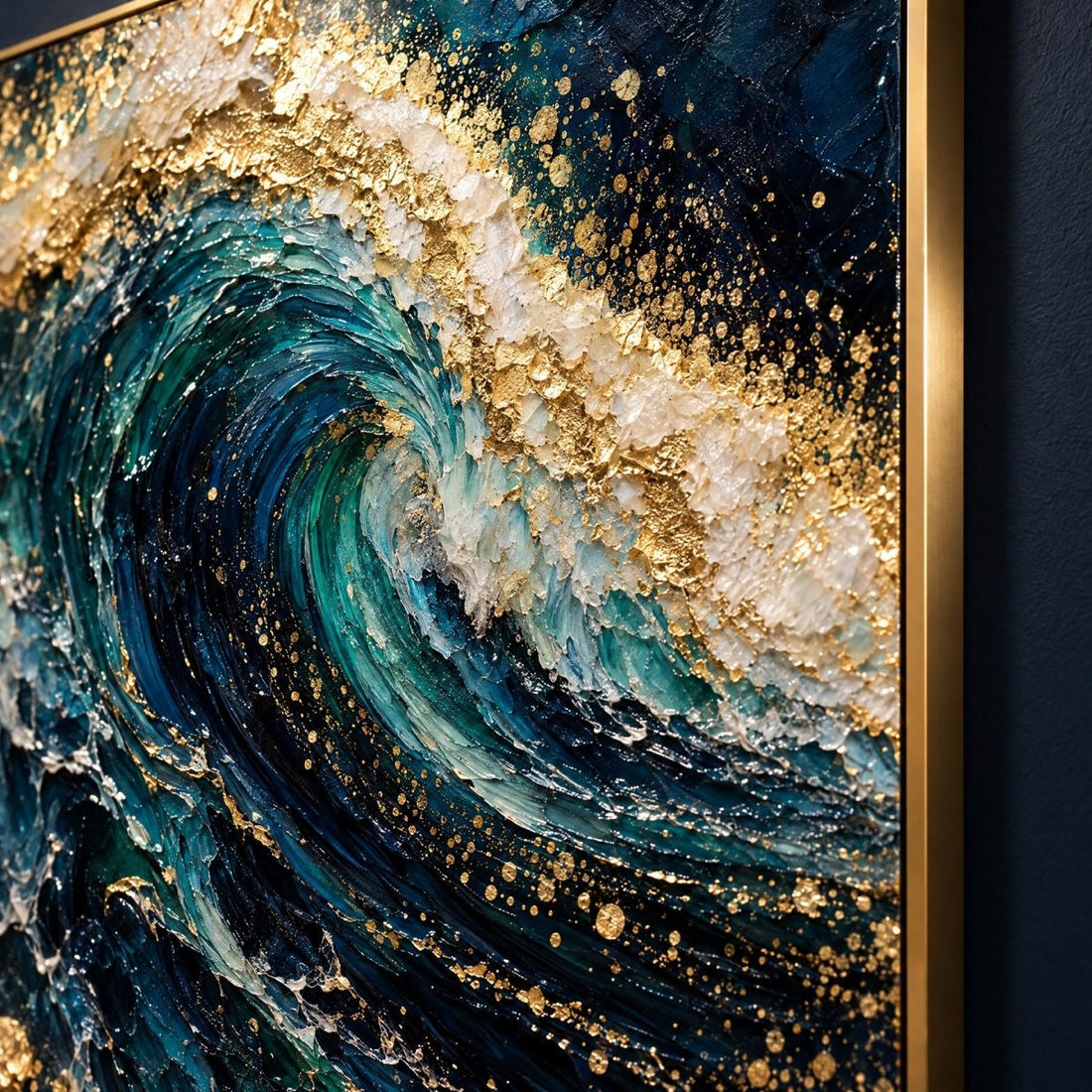 Ocean Wave Wall Art – Oversized Teal and Gold Cresting Wave Textured Look Canvas for Living Room - Sense for Decor