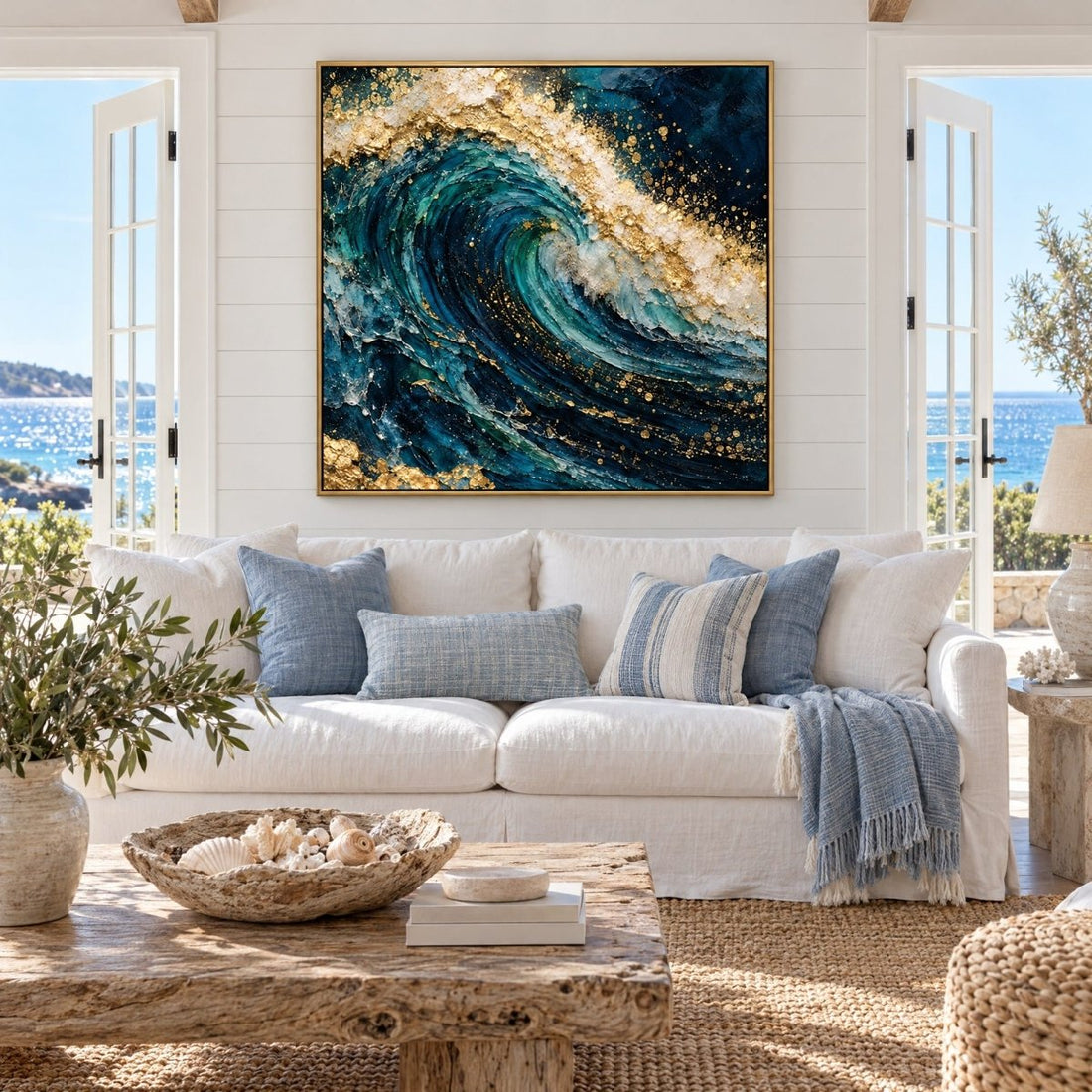 Ocean Wave Wall Art – Oversized Teal and Gold Cresting Wave Textured Look Canvas for Living Room - Sense for Decor