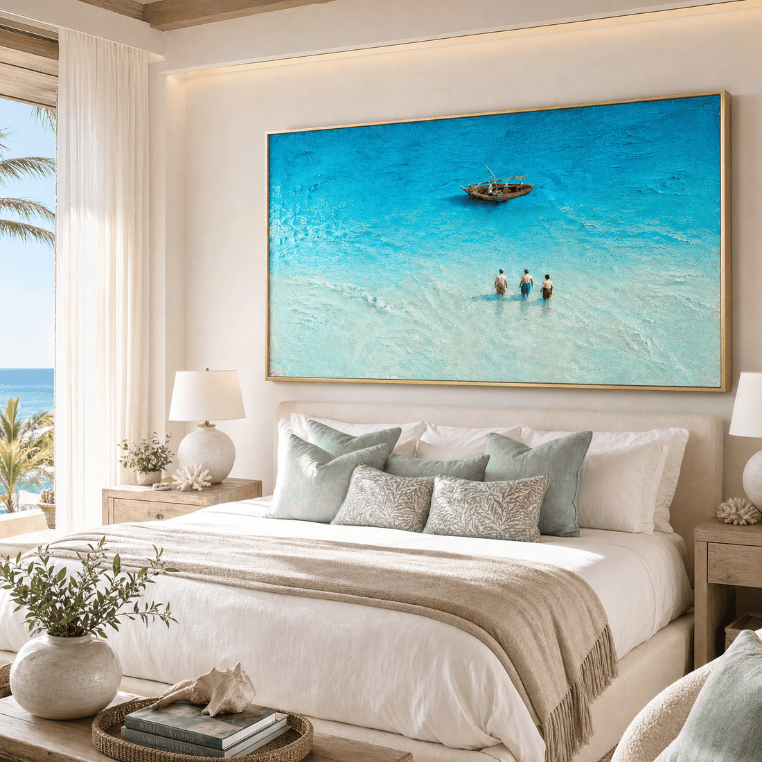 Ocean Wall Art | Turquoise Beach Canvas | Hand-Embellished Coastal Painting | Large Aerial Seascape Statement Piece