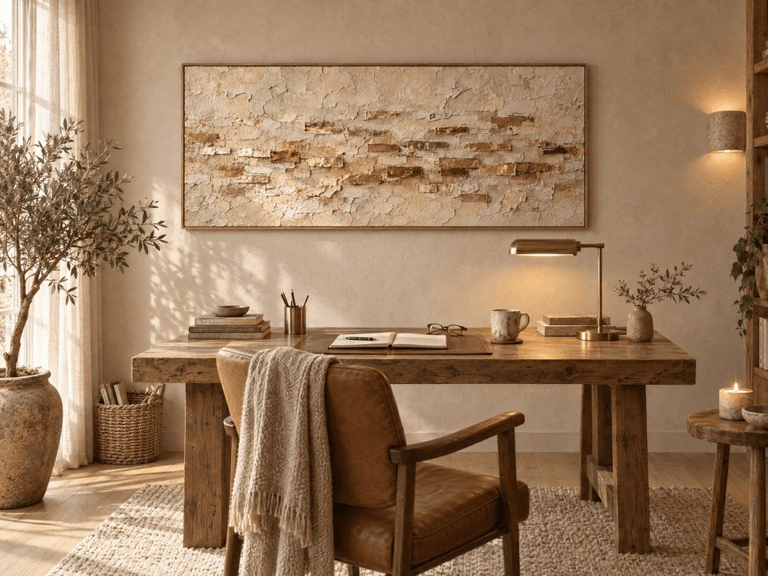 Ochre and Gold Wall Art – Oversized Cream Plaster Textured Look Canvas for Living Room - Sense for Decor