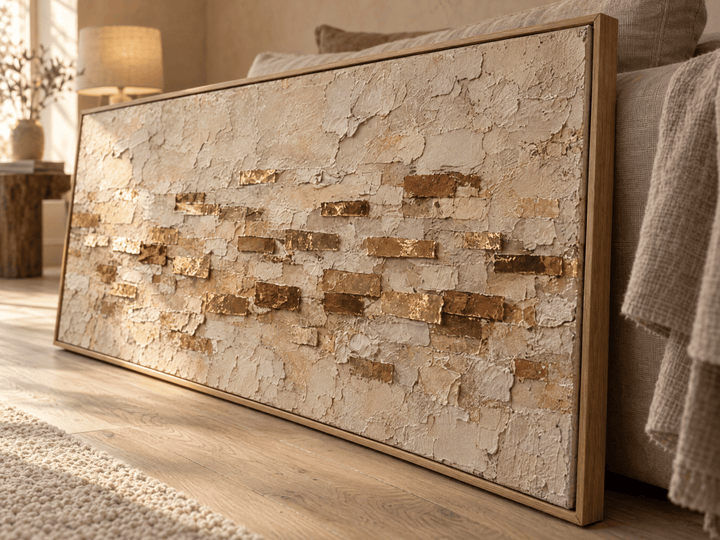 Ochre and Gold Wall Art – Oversized Cream Plaster Textured Look Canvas for Living Room - Sense for Decor