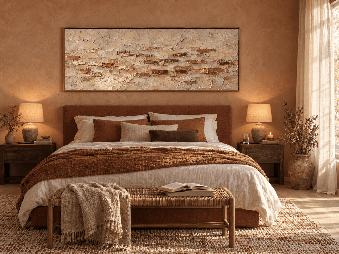 Panoramic ochre canvas above a bed in a terracotta bedroom