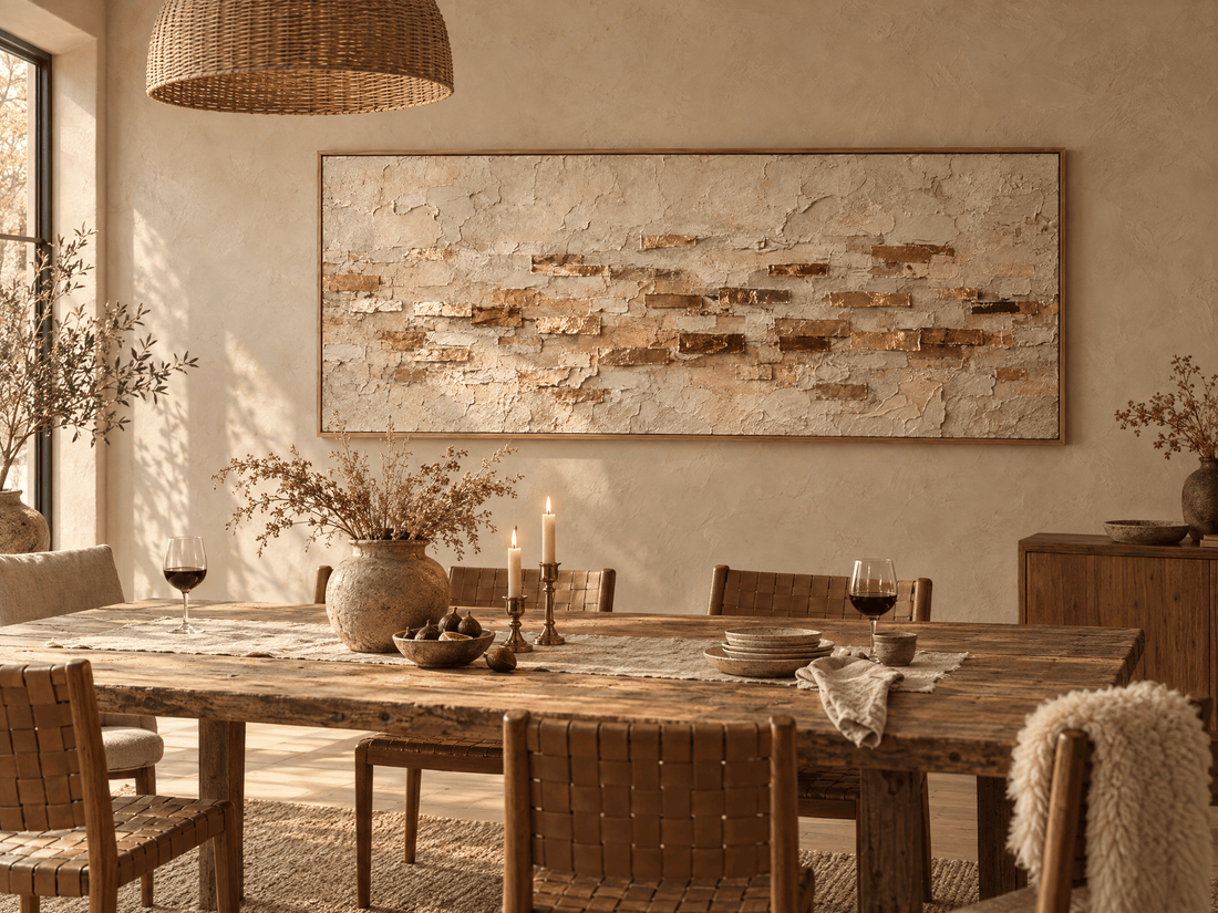 Ochre and cream plaster canvas above a rustic dining table
