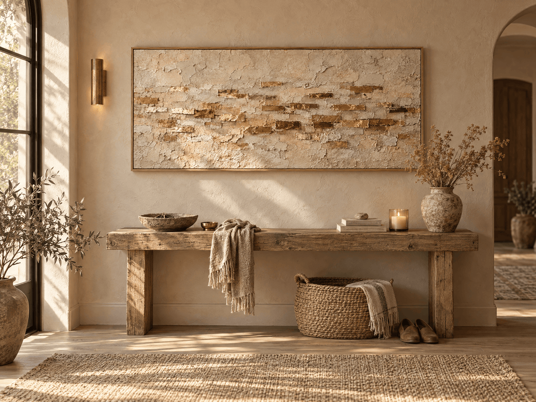 Wide ochre and gold canvas above a timber bench in a sunlit entryway