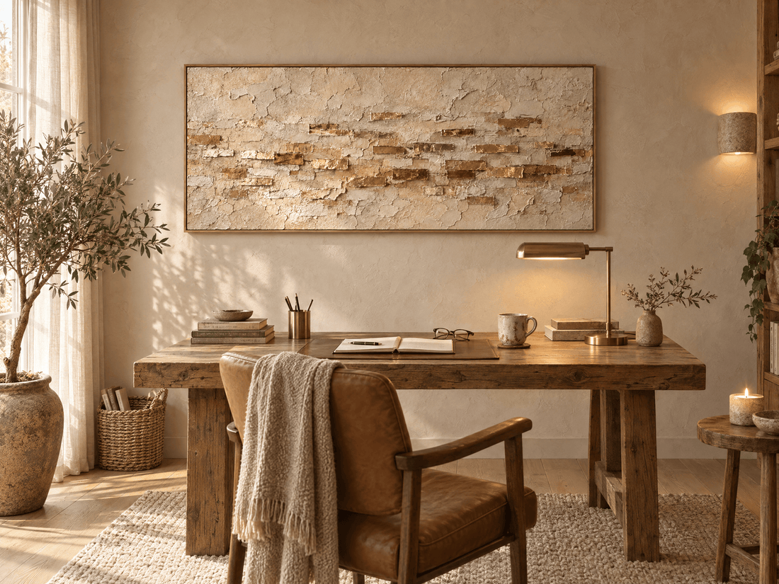 Ochre plaster canvas above a reclaimed wood desk in a home office