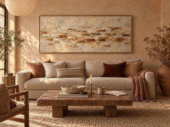 Ochre and Gold Wall Art – Oversized Cream Plaster Textured Look Canvas for Living Room
