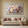 Pastel Garden Floral Wall Art Flat Canvas Print with Roses, Hydrangeas & Gold Leaves