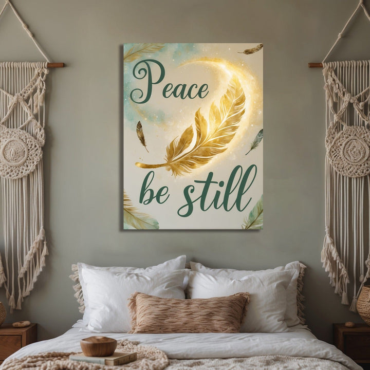 Peace Be Still Feather and Moon Christian Wall Art – Calming Bedroom Canvas Décor - Sense for Decor