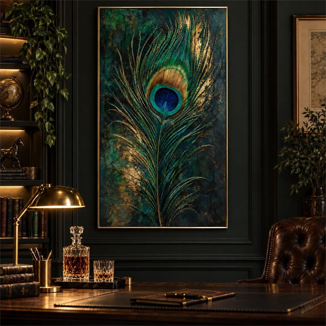 Peacock Wall Art – Oversized Emerald Green and Gold Feather Textured Look Canvas for Living Room - Sense for Decor