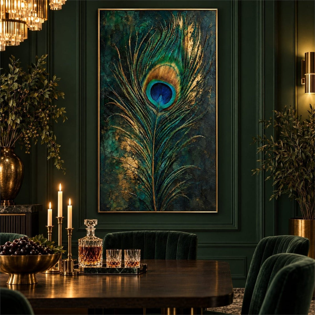 Peacock Wall Art – Oversized Emerald Green and Gold Feather Textured Look Canvas for Living Room - Sense for Decor